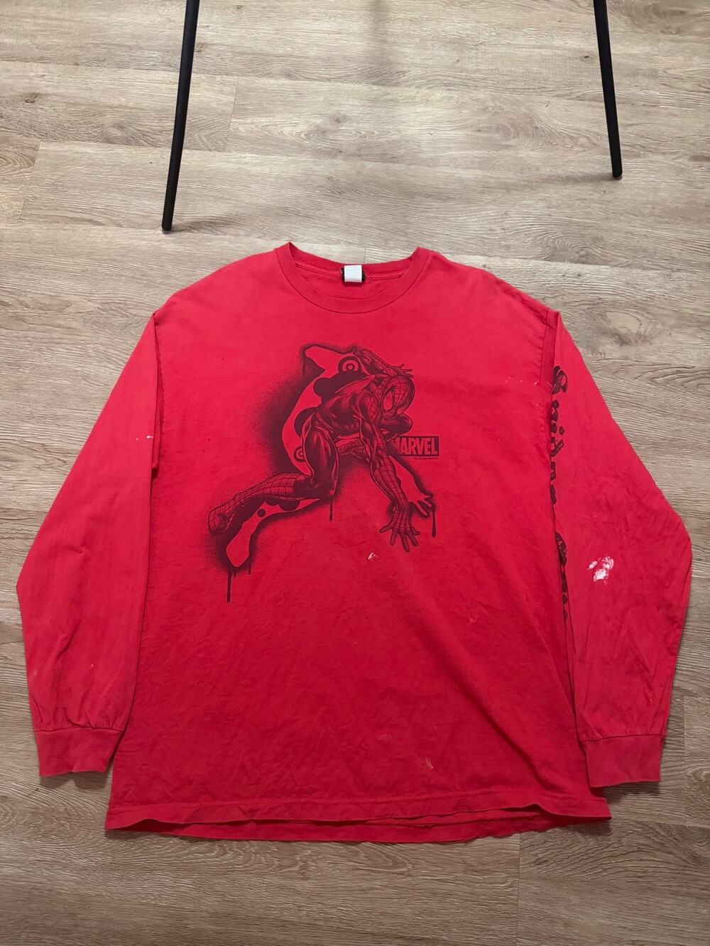 Y2K Marvel Spider-Man Graffiti Long Sleeve Graphic T-Shirt Red Comic Size XL